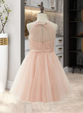 Kaylee A-Line/Princess Knee-length Flower Girl Dress - Tulle/Charmeuse Sleeveless Halter With Back Hole UKP0015920