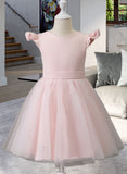 Joanna A-Line Knee-length Flower Girl Dress - Tulle Sleeveless Scoop Neck With Ruffles/Beading/Bow(s) UKP0015922