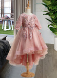 Precious Ball-Gown/Princess Asymmetrical Flower Girl Dress - Tulle 1/2 Sleeves Scoop Neck With Beading/Flower(s) UKP0015924