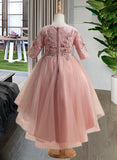 Precious Ball-Gown/Princess Asymmetrical Flower Girl Dress - Tulle 1/2 Sleeves Scoop Neck With Beading/Flower(s) UKP0015924