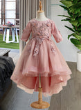 Precious Ball-Gown/Princess Asymmetrical Flower Girl Dress - Tulle 1/2 Sleeves Scoop Neck With Beading/Flower(s) UKP0015924