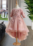 Precious Ball-Gown/Princess Asymmetrical Flower Girl Dress - Tulle 1/2 Sleeves Scoop Neck With Beading/Flower(s) UKP0015924