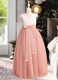 Lydia Ball-Gown/Princess Floor-length Flower Girl Dress - Tulle Short Sleeves V-neck With Sash/Bow(s)/V Back UKP0015925