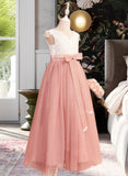 Lydia Ball-Gown/Princess Floor-length Flower Girl Dress - Tulle Short Sleeves V-neck With Sash/Bow(s)/V Back UKP0015925