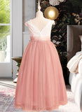 Lydia Ball-Gown/Princess Floor-length Flower Girl Dress - Tulle Short Sleeves V-neck With Sash/Bow(s)/V Back UKP0015925