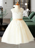 Scarlett A-Line Knee-length Flower Girl Dress - Satin/Tulle/Lace Sleeveless Scoop Neck With Appliques/V Back UKP0015927