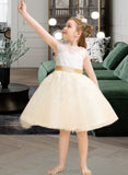 Scarlett A-Line Knee-length Flower Girl Dress - Satin/Tulle/Lace Sleeveless Scoop Neck With Appliques/V Back UKP0015927