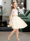 Scarlett A-Line Knee-length Flower Girl Dress - Satin/Tulle/Lace Sleeveless Scoop Neck With Appliques/V Back UKP0015927