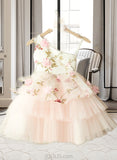 Persis A-Line Knee-length Flower Girl Dress - Tulle Sleeveless One-Shoulder With Flower(s) UKP0015928