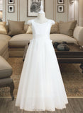 Madisyn Ball-Gown/Princess Floor-length Flower Girl Dress - Satin/Tulle Short Sleeves V-neck With Beading/Bow(s) UKP0015929