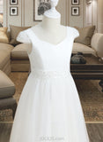 Madisyn Ball-Gown/Princess Floor-length Flower Girl Dress - Satin/Tulle Short Sleeves V-neck With Beading/Bow(s) UKP0015929