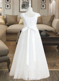 Madisyn Ball-Gown/Princess Floor-length Flower Girl Dress - Satin/Tulle Short Sleeves V-neck With Beading/Bow(s) UKP0015929