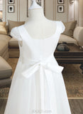 Madisyn Ball-Gown/Princess Floor-length Flower Girl Dress - Satin/Tulle Short Sleeves V-neck With Beading/Bow(s) UKP0015929