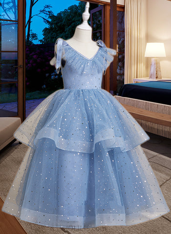 Allyson Ball-Gown/Princess Floor-length Flower Girl Dress - Satin/Tulle/Sequined Sleeveless V-neck With Bow(s) UKP0015934