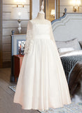 Nathalia Ball-Gown/Princess Floor-length Flower Girl Dress - Satin Long Sleeves Scoop Neck With Lace/V Back UKP0015935