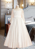 Nathalia Ball-Gown/Princess Floor-length Flower Girl Dress - Satin Long Sleeves Scoop Neck With Lace/V Back UKP0015935