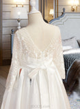 Nathalia Ball-Gown/Princess Floor-length Flower Girl Dress - Satin Long Sleeves Scoop Neck With Lace/V Back UKP0015935