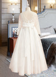 Nathalia Ball-Gown/Princess Floor-length Flower Girl Dress - Satin Long Sleeves Scoop Neck With Lace/V Back UKP0015935