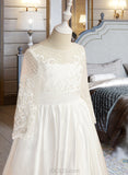 Nathalia Ball-Gown/Princess Floor-length Flower Girl Dress - Satin Long Sleeves Scoop Neck With Lace/V Back UKP0015935