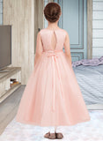 Poll A-Line/Princess Ankle-length Flower Girl Dress - Satin/Tulle Sleeveless Scoop Neck With Beading/Bow(s) UKP0015941