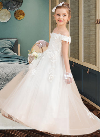 Raquel Ball-Gown/Princess Sweep Train Flower Girl Dress - Tulle/Lace Sleeveless Off-the-Shoulder With Flower(s) UKP0015944