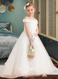 Raquel Ball-Gown/Princess Sweep Train Flower Girl Dress - Tulle/Lace Sleeveless Off-the-Shoulder With Flower(s) UKP0015944