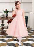 Casey A-Line/Princess Tea-length Flower Girl Dress - Tulle Sleeveless Scoop Neck With Bow(s) UKP0015945