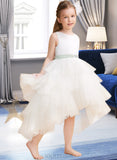 Elena Ball-Gown/Princess Asymmetrical Flower Girl Dress - Tulle Sleeveless Scoop Neck With Sash/Beading (Detachable sash) UKP0015948