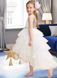 Elena Ball-Gown/Princess Asymmetrical Flower Girl Dress - Tulle Sleeveless Scoop Neck With Sash/Beading (Detachable sash) UKP0015948