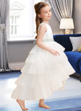 Elena Ball-Gown/Princess Asymmetrical Flower Girl Dress - Tulle Sleeveless Scoop Neck With Sash/Beading (Detachable sash) UKP0015948