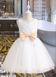 Olympia A-Line Knee-length Flower Girl Dress - Tulle/Lace Sleeveless V-neck With Sash/Beading/Bow(s) UKP0015950