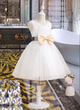 Olympia A-Line Knee-length Flower Girl Dress - Tulle/Lace Sleeveless V-neck With Sash/Beading/Bow(s) UKP0015950