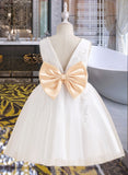 Olympia A-Line Knee-length Flower Girl Dress - Tulle/Lace Sleeveless V-neck With Sash/Beading/Bow(s) UKP0015950