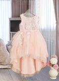 Aleena Ball-Gown/Princess Asymmetrical Flower Girl Dress - Tulle Sleeveless Scoop Neck With Lace/Flower(s)/V Back UKP0015951