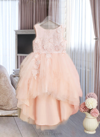 Aleena Ball-Gown/Princess Asymmetrical Flower Girl Dress - Tulle Sleeveless Scoop Neck With Lace/Flower(s)/V Back UKP0015951