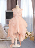 Aleena Ball-Gown/Princess Asymmetrical Flower Girl Dress - Tulle Sleeveless Scoop Neck With Lace/Flower(s)/V Back UKP0015951