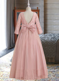 Whitney A-Line Floor-length Flower Girl Dress - Tulle Long Sleeves Scoop Neck With Beading/V Back UKP0015953