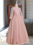 Whitney A-Line Floor-length Flower Girl Dress - Tulle Long Sleeves Scoop Neck With Beading/V Back UKP0015953