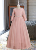 Whitney A-Line Floor-length Flower Girl Dress - Tulle Long Sleeves Scoop Neck With Beading/V Back UKP0015953