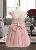 Kassidy A-Line Knee-length Flower Girl Dress - Satin/Tulle Sleeveless Scoop Neck With Beading/Bow(s) UKP0015954