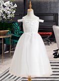 Marlene A-Line Tea-length Flower Girl Dress - Tulle Sleeveless Off-the-Shoulder With Lace UKP0015957