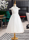 Marlene A-Line Tea-length Flower Girl Dress - Tulle Sleeveless Off-the-Shoulder With Lace UKP0015957