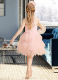 Elaine Ball-Gown/Princess Knee-length Flower Girl Dress - Tulle Sleeveless Scalloped Neck With Feather/Flower(s) UKP0015960