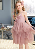 Elaine Ball-Gown/Princess Knee-length Flower Girl Dress - Tulle Sleeveless Scalloped Neck With Feather/Flower(s) UKP0015960