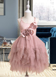 Elaine Ball-Gown/Princess Knee-length Flower Girl Dress - Tulle Sleeveless Scalloped Neck With Feather/Flower(s) UKP0015960