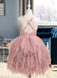 Elaine Ball-Gown/Princess Knee-length Flower Girl Dress - Tulle Sleeveless Scalloped Neck With Feather/Flower(s) UKP0015960