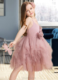 Elaine Ball-Gown/Princess Knee-length Flower Girl Dress - Tulle Sleeveless Scalloped Neck With Feather/Flower(s) UKP0015960