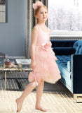 Elaine Ball-Gown/Princess Knee-length Flower Girl Dress - Tulle Sleeveless Scalloped Neck With Feather/Flower(s) UKP0015960