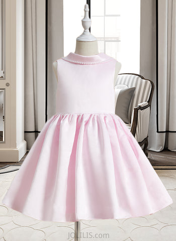 Madge A-Line Knee-length Flower Girl Dress - Satin Sleeveless Scoop Neck With Beading/Bow(s) UKP0015961