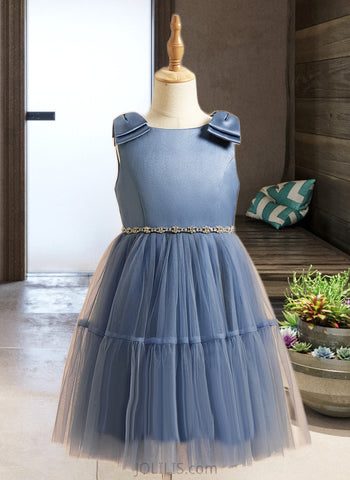 Ansley A-Line Knee-length Flower Girl Dress - Satin/Tulle Sleeveless Scoop Neck With Beading/Bow(s) UKP0015964